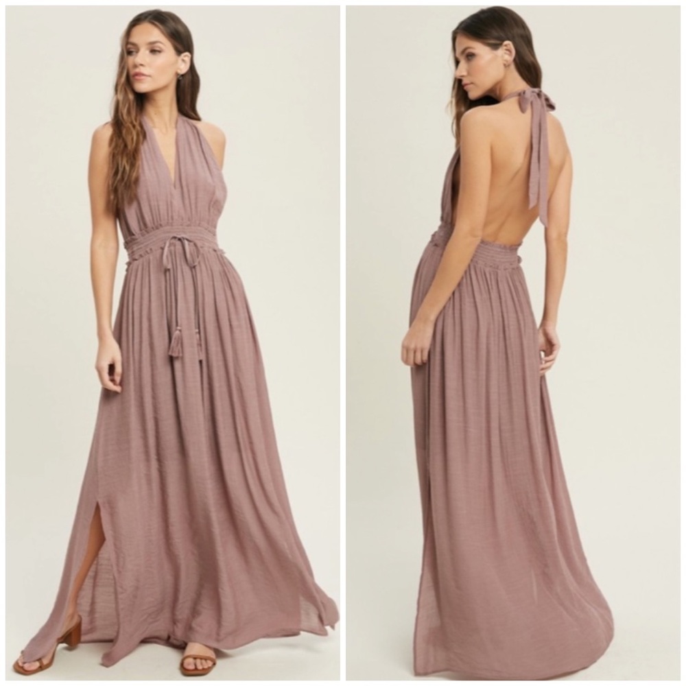 SOLD OUT Dark Mauve Solid Halter Smocked Waist Maxi Casual Boho Dress w/ Side - Picture 1 of 6